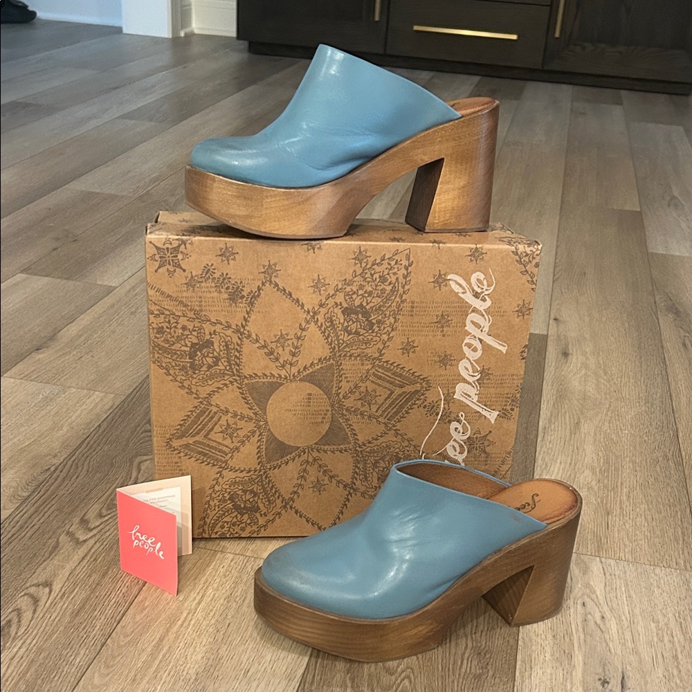 Free People Blue Mules with Wooden Platform